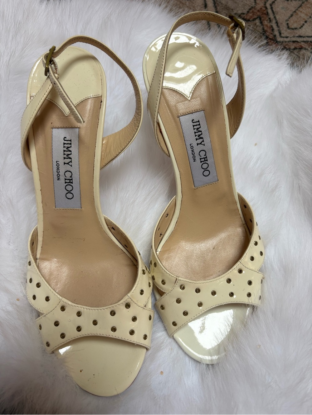 Jimmy Choo Cream Studded Open-Toe Heels